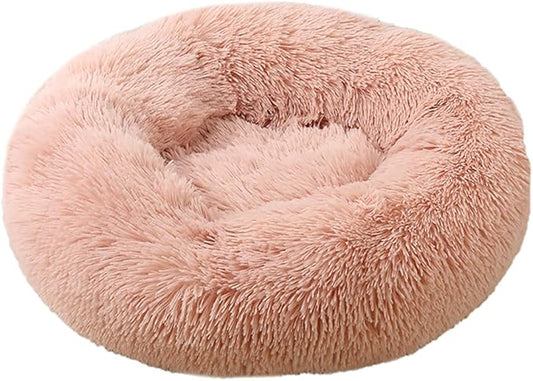 Calming Faux Fur Dog Beds Calming Donut Cuddler Dog Bed Washable Round Cat Bed Pillow Cuddler Fluffy Indoor Dog Calming Beds with Anti Slip Bottom Solid Color Peach Pink 43 Inch