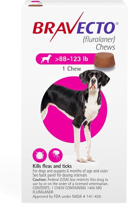 BRAVECTO Chew for Dogs, Flea & Tick, 1 Chew, 12 Week Supply, 88-123 lbs., Pink Box