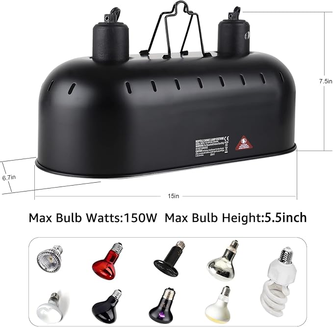 DXOPHIEX 15 inch Dual Reptile Light Fixture, Max 150W Reptile Heat Lamp with 2PCS 150W Ceramic Heat Emitter, Double Dome UVB Light Fixture for Terrarium and Tortoise Habitat