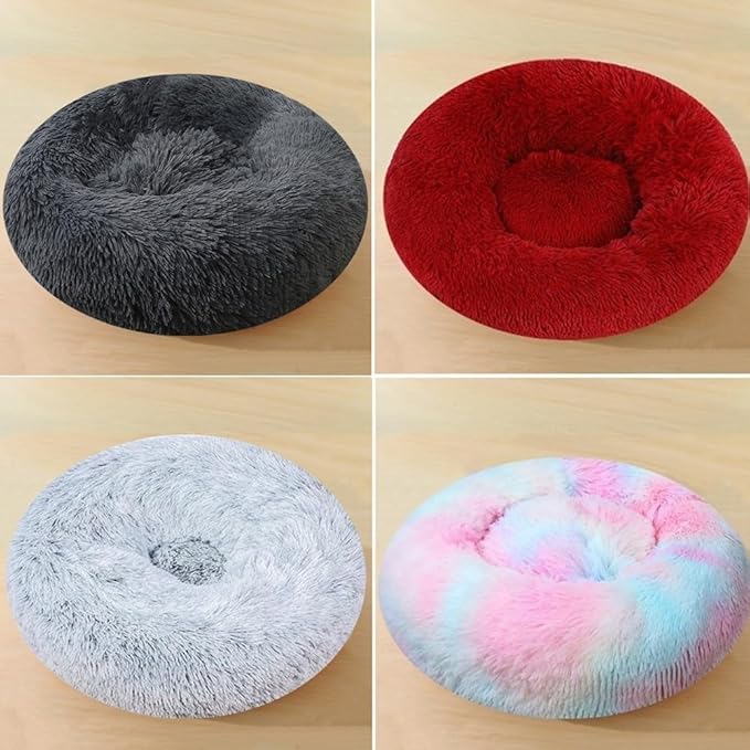 Large Calming Dog Bed, 40 Inch Anti-Anxiety Donut Dog Cuddler Cat Bed, Warming Cozy Soft Dogs Round Bed, Fluffy Faux Fur Machine Washable Pet Cushion for Medium Large Dogs & Cats (Rainbow)