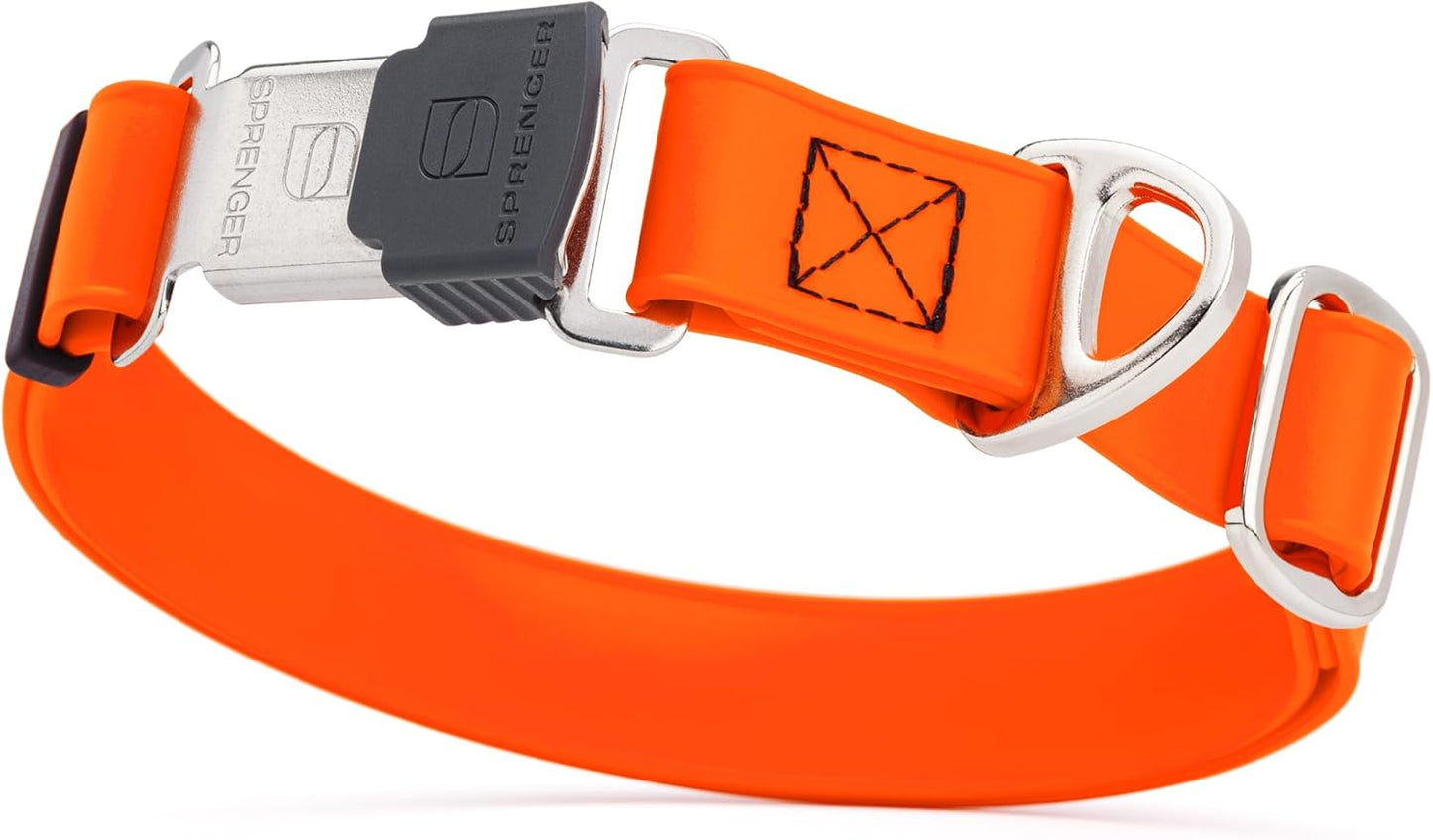 Dogline Biothane Waterproof Dog Collar with Herm Sprenger Stainless Steel Quick Release Buckle – Heavy Duty Tactical Durable Collar for Dogs – Comfortable and Safe Pet Collar, W 3/4" L 12-19", Orange