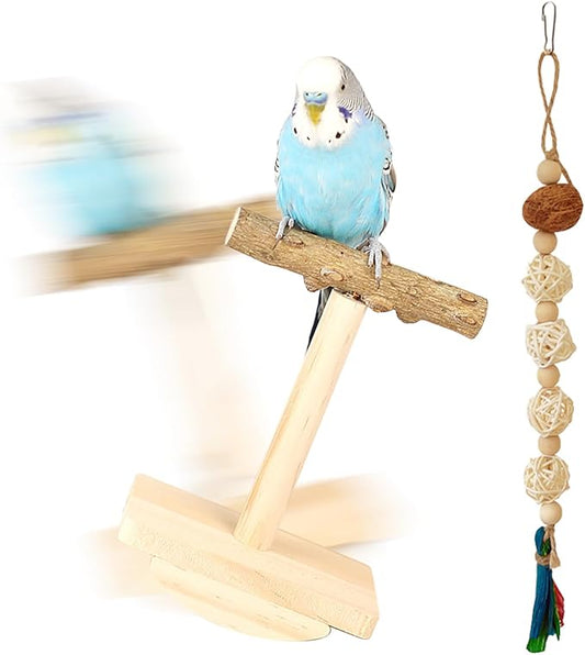 Bird Stand Perch Toy,Interactive Rocking Parakeet Toy and Perch, Wooden Exercise Wheel Cockatiel Toy, Intelligence Puzzle Enrichment Toys,Bird Playground Play Stands for Conure Budgie(B)