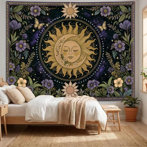 Boho Vintage Sun and Moon Hippie Purple Floral Tapestry 80 x 60 Inch