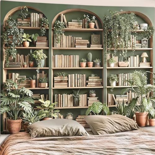 Sage Green Plant Bookshelf Tapestry Botanical Bookshelf Tapestries Wall Hanging Vintage Potted Plants Library Backdrop Extra Large Tapestry for Bedroom Living Room Dorm 90 x 68 inch
