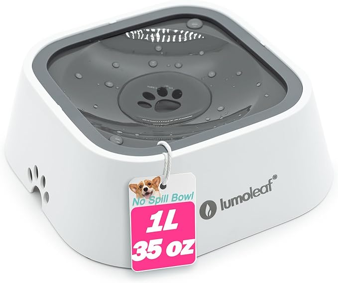 LumoLeaf No Spill Water Bowl for Dogs, Slow Feeder for Messy Drinkers, Drip-Free, Splash-Proof Design (Grey, 35oz)
