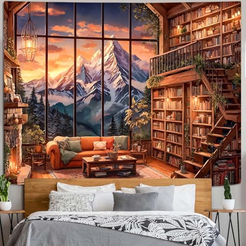 Forest Mountain Library Tapestry Fantasy Bookshelf Tapestries Wall Hanging Vintage Watercolor Nature Fairy Library Backdrop Extra Large Tapestry for Bedroom Living Room Classroom 90 x 68 inch