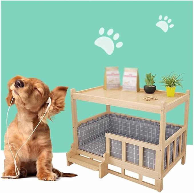 XPLKQXE Dog Bed Wood Platform, Elevated Pet Cushion Bed, Animal Couch with Mattress, Dog Beds & Furniture Rest Cot, Portable Fence Bed Pet Up to 45kg/100lbs(Color:Pink,Size:60x45x65cm)