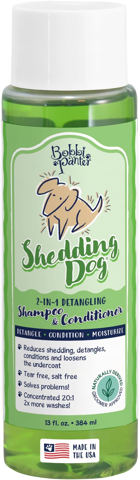 Bobbi Panter Dog Shampoo and Conditioner - Made in USA - All Natural 2-in-1 Formula for Nourish, Detangle & Reduce Shedding - Concentrated 10:1 for Professional Groomers - Pear Scent, 13 Oz