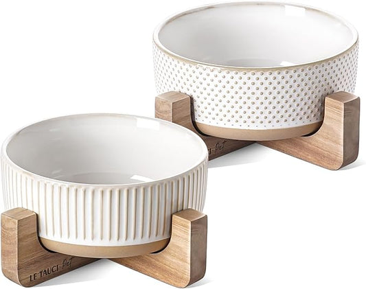 Ceramic Dog Bowls for Medium Small Dogs - 4 Cup Medium Dog Food and Water Bowls with Wood Stand, Cute Pet Dishes Set of 2, Lines+Dot