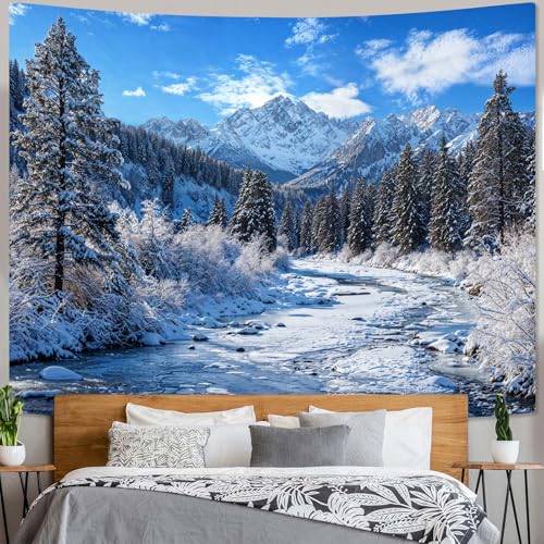 Winter Forest Snow Mountain Tapestry Snowy Pine Tree Woodland Tapestry for Bedroom Aesthetic White Clouds Flowing River Landscape Tapestries Wall Hanging for Living Room Dorm Office 90 x 68 Inch