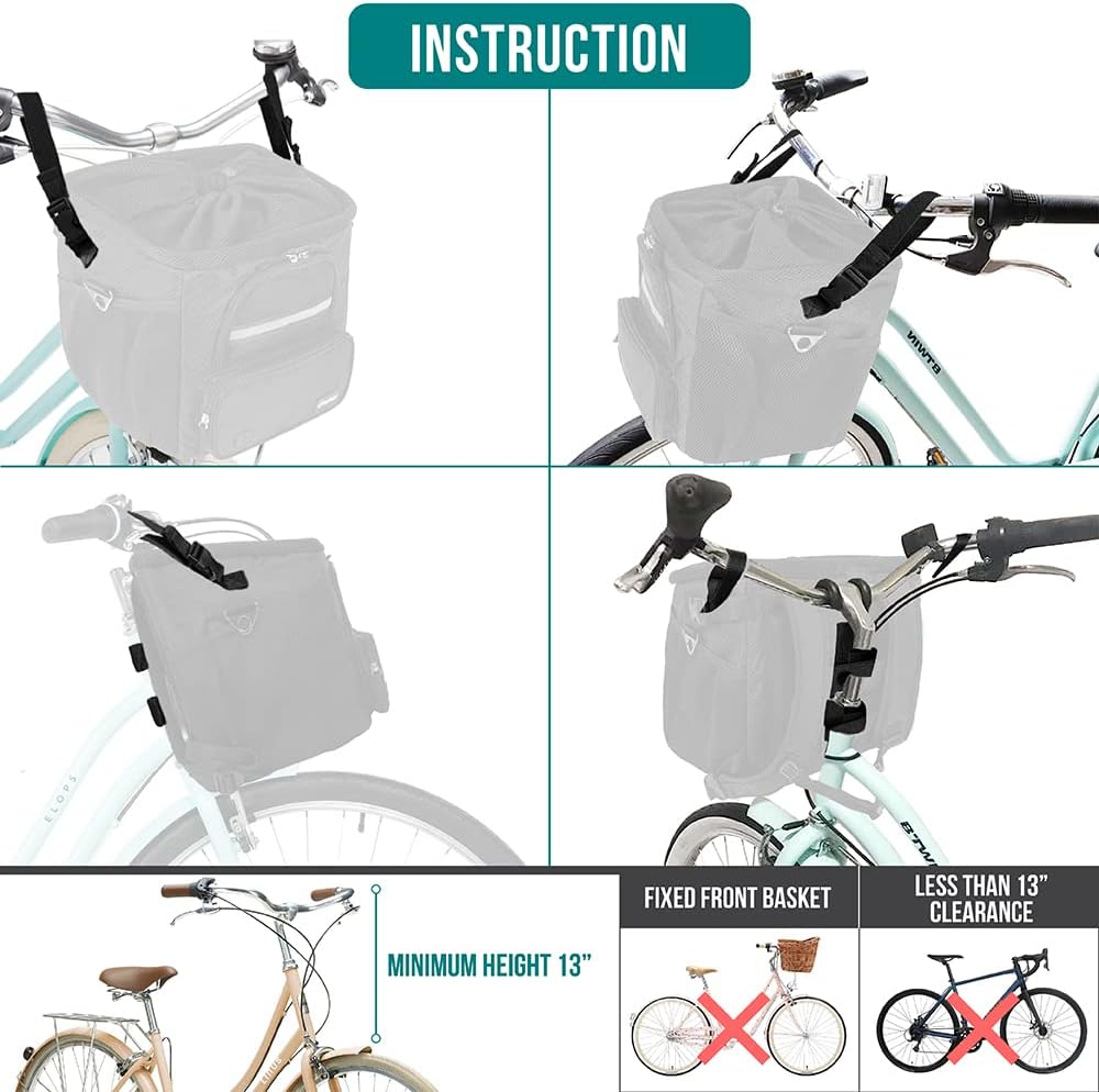 PetAmi Dog Bike Basket, Soft-Sided Ventilated Dog Bike Carrier Backpack, Pet Bicycle Basket for Bike Handlebar, Small Medium Puppy Cat Kitten Car Booster Seat with Safety Strap, Max 18 lbs, Black