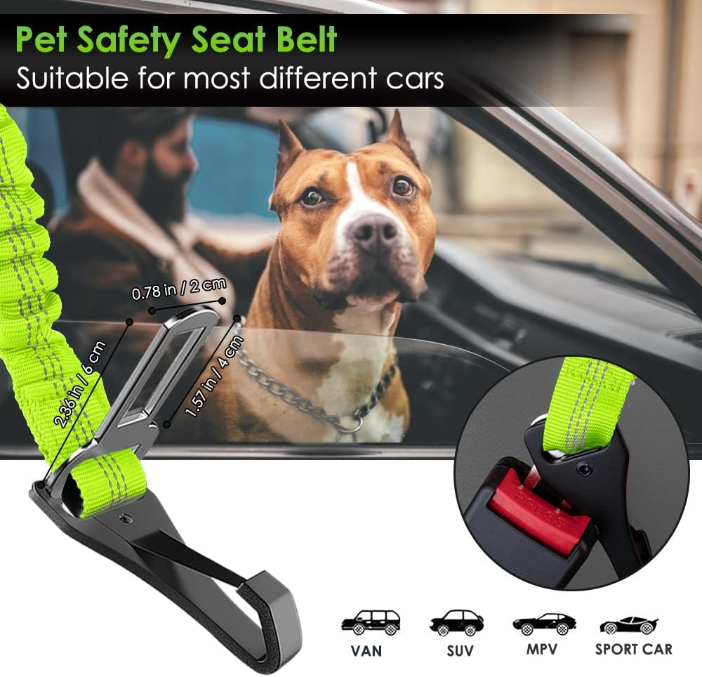 SlowTon Dog Seat Belt, Adjustable Dog Safety Belt Leash, 2 in 1 Latch Bar Attachment Dogs Car Seatbelt with Elastic Nylon Bungee Buffer, Reflective Nylon Belt Tether(VL,35.5in)