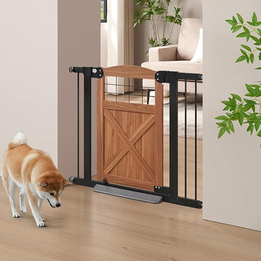 beeNbkks Barn Door Dog Gate, Anti-Kick Pet Gate with Walk Through Door, Modern Farmhouse Puppy Gate, Pressure Mounted Safety Dog Gate for Doorways Stairs House, for 29" to 40" Wide Openings, 30" Tall