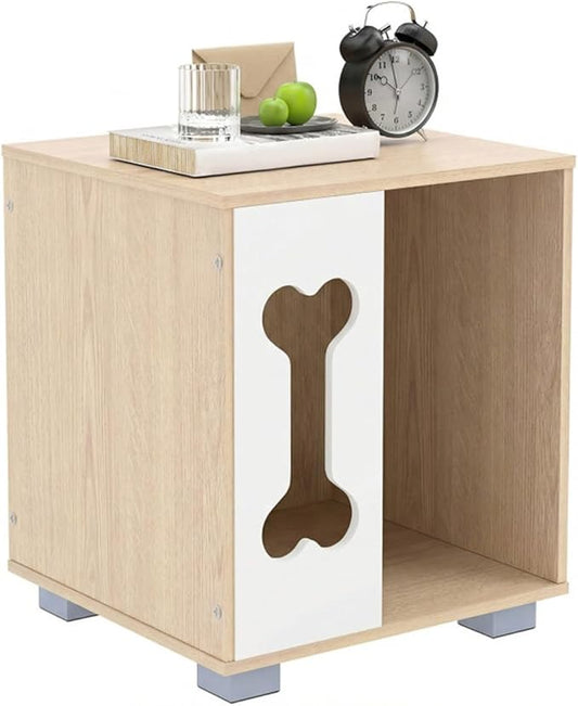 Wooden Dog House Bed & Side Table – Modern Dog Condo with Bone-Shaped Window and Sturdy Metal Legs