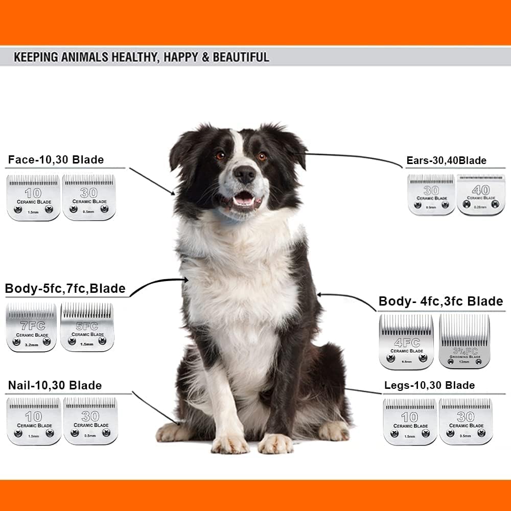 7pcs Dog Grooming Blades Compatible with Andis/Wahl/Oster Dog Clippers,Detachable Ceramic Blade & Stainless Steel Blade,Size:#3FC+4FC+5FC+7FC+10+30+40
