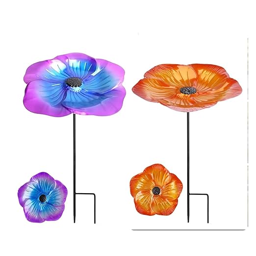 Bee Watering Station, Butterfly Cups for Garden Metal Bee Water Feeder with Flower Design, Colorful Bird Bath Bowl for Outdoor Garden Yard Decor, Decorative Glass Flower Design (Yellow+Purple)