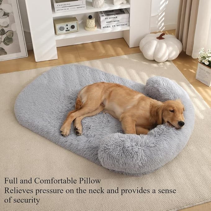 Calming Dog Bed - Fluffy Plush Mat with Removable Washable Cover | Furniture Protector for Large Dogs & Cats(Grey,21.65X15.75X4.33in)
