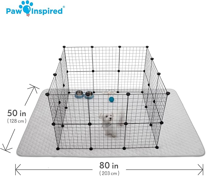 Paw Inspired 80x50 Inch Playpen Mat, Super Absorbent Fleece Cage Liner with Non-Slip Bottom, Waterproof Pet Play Pen Pad for Dogs, Rabbits, Guinea Pigs, Hamsters, Small Animals (Light Gray)