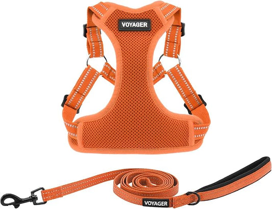 Best Pet Supplies Voyager Adjustable Step-in Flex Breathable Mesh Dog Harness for Small Medium Large Dogs Leash Set (Orange), S