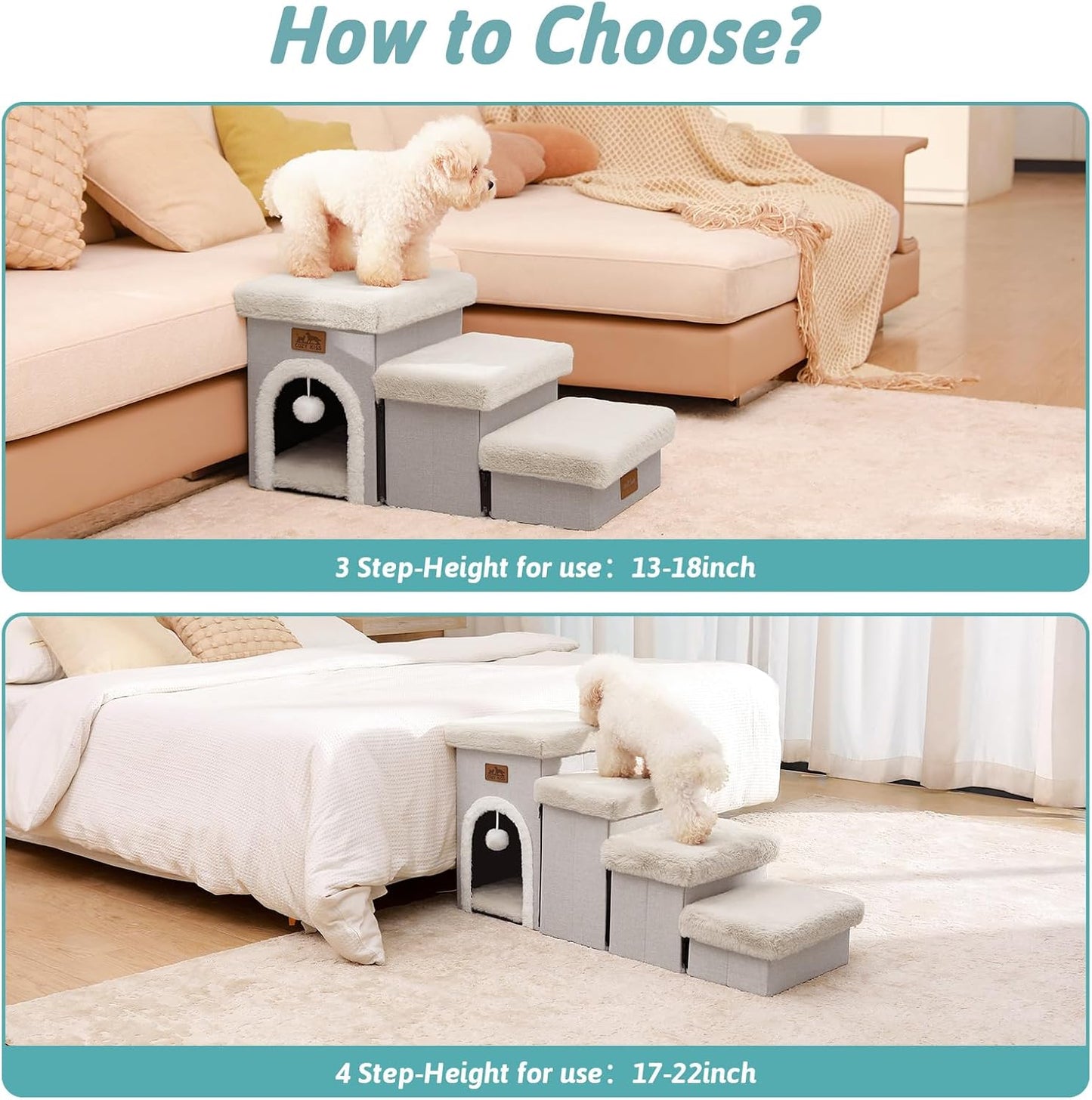 Dog Stairs for Small Dogs with Storage and Condo, 17.5" H Foldable Pet Stairs for Small Medium or Puppy Dogs and Older Cats, Dog Steps for Bed or Couch, 13x35x17.5 inch, 4 Tiers, Beige
