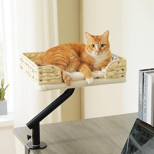 PAWZ Road Cat Desk Bed for Indoor Cats, Wicker Cat Bed for Desk Supports Up to 50 lbs, 360° Rotation & Adjustable Soft Plush Cats Hammock for Desktop, White