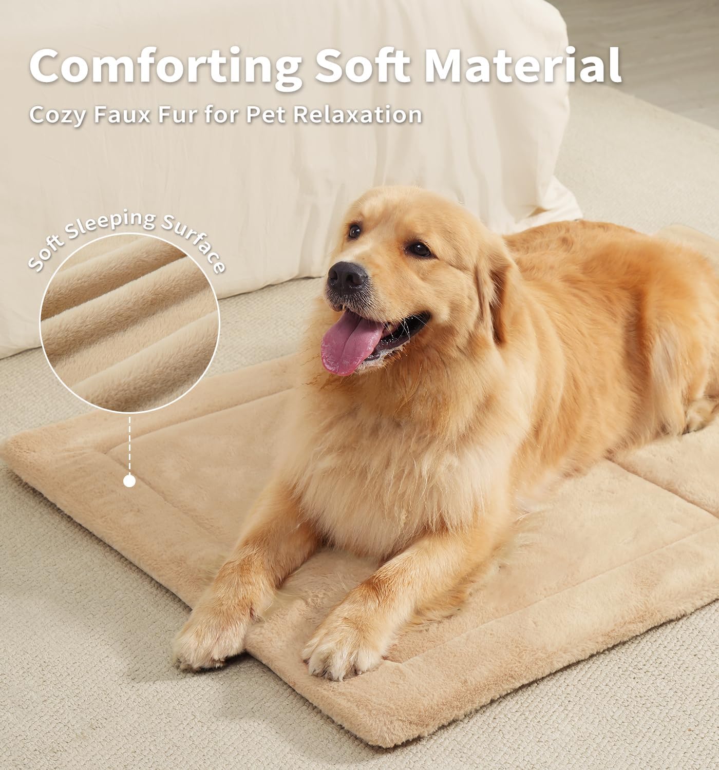 Made4Pets Dog Crate Pad Bed for Large Dogs, Washable & Reversible, Anti-Slip Kennel Mat for Cozy Sleeping, Soft Fluffy Dog Bed for Indoor & Outdoor Use, 44"x32", Khaki