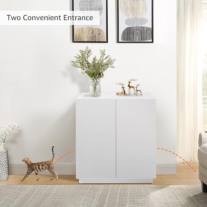 unipaws Tall Cat Litter Box Enclosure with Shelves, Hidden Litter Box Cover for Tall or Top Entry Litter Box, Kitty Enclosed Litter Box Cabinet, Cat Box Furniture， White