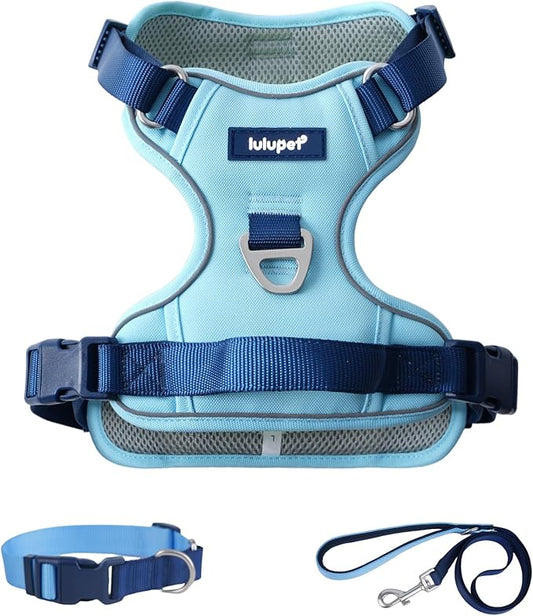 3 in 1 No Pull Dog Harness Leash and Collar Set, Soft Adjustable Dogs Vest Reflective and Comfortable Handle Blue Small