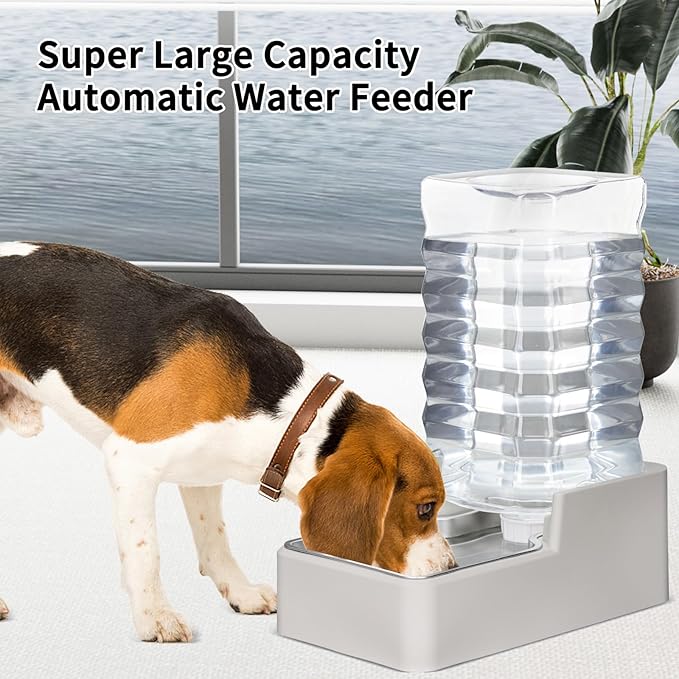 RIZZARI Stainless Steel Pet Water Feeder: 9.5L Beige Automatic Leak-Proof Gravity Dispenser - Without Filter - for 40-80 LB Senior Dogs with Arthritis - Garage Kitchen Use