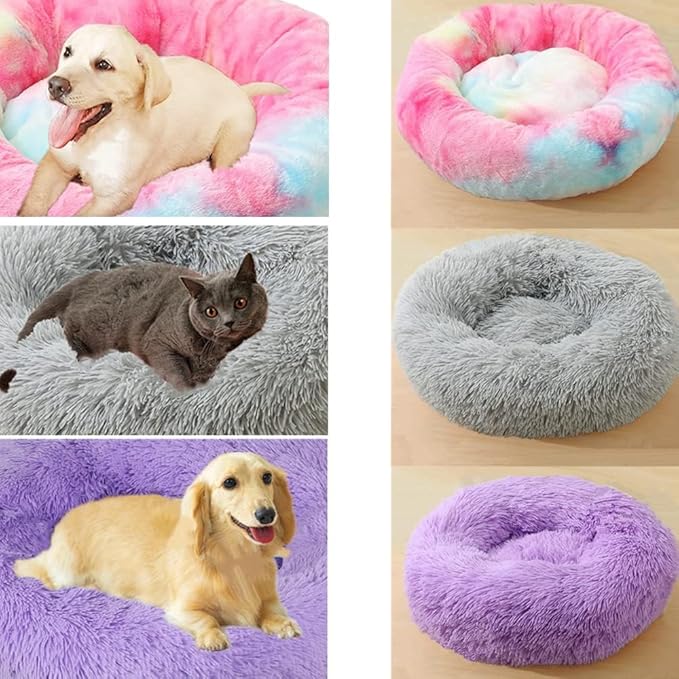 Large Calming Dog Bed, 47 Inch Anti-Anxiety Donut Dog Cuddler Cat Bed, Warming Cozy Soft Dogs Round Bed, Fluffy Faux Fur Machine Washable Pet Cushion for Medium Large Dogs & Cats (Yellow)