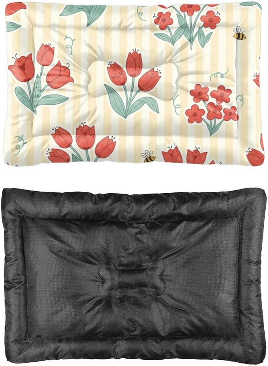 Red Floral Yellow Striped Puppy Bed for Crate Dog Crate Mattress Puppy Pad Dog Bed Washable Non-Slip Rectangle Mats for Dogs Carriers & Travel Products Indoor Outdoor 36X24 Inch