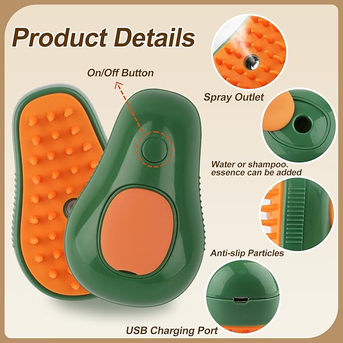 Cat Steam Brush, 3 in 1 Dog Steamy Brush, Silicone Massage Grooming Comb, Pet Hair Cleaning Misting Comb for Cats Dogs(Avocado White/Green)