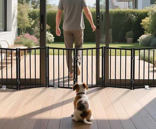 BFNN Metal Short Dog Gate, 16.5" High to Step-Over, Free Standing Foldable Pet Gate, Up to 72" Wide Puppy Fence for Stairs and Doorways, Indoor & Outdoor Use, No Drilling and No Assembly, Black