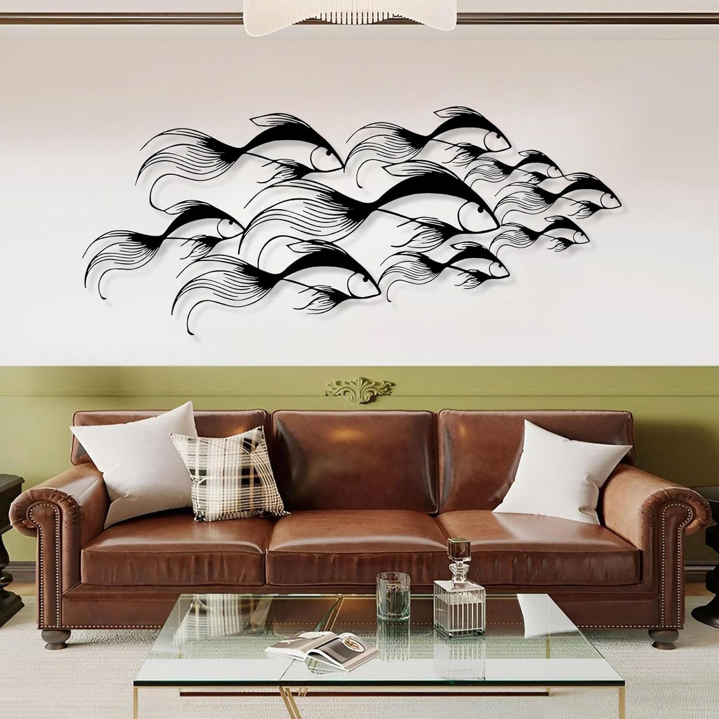 School of Fish Metal Wall Art, Metal Fish Wall Decor, Sea Life Wall Art, Large Nautical Wall Hanging, Modern Beach House Wall Decor, Ocean Themed Artwork for Bathroom (Gold, 53"x22" | 135x57cm)