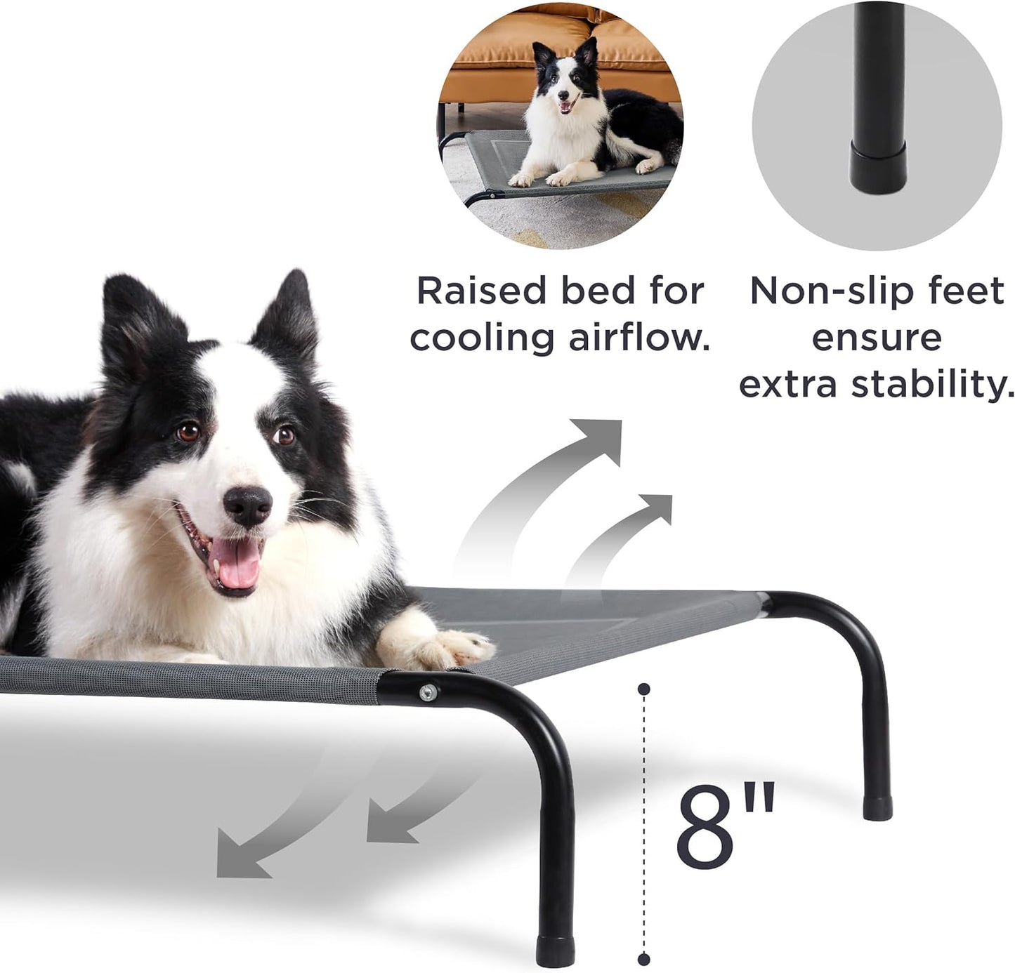 Bedsure Outdoor Elevated Dog Bed Medium Size Dog, Portable Indoor & Outdoor Cooling Raised Cot Pet Hammock Bed with Skid-Resistant Feet, Frame with Breathable Mesh, Grey, 43 inches