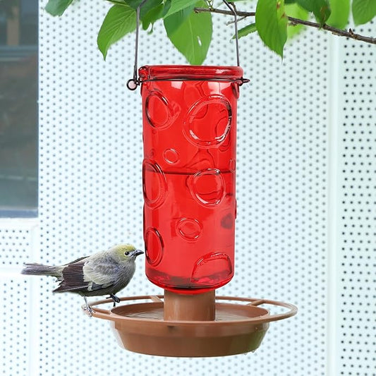 Juegoal Glass Wild Bird Waterer, 28 oz Wild Bird Feeder for Outdoors, Water Cooler with Metal Handle Hanging for Garden Tree Yard Outside Decoration, Red