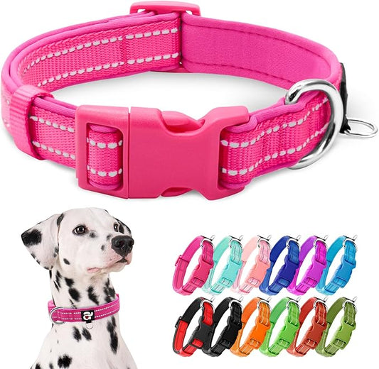 azuza Reflective Dog Collar,Soft Neoprene Padded Pet Collar with ID Tag Ring,Adjustable for Large Dogs,Hot Pink,L