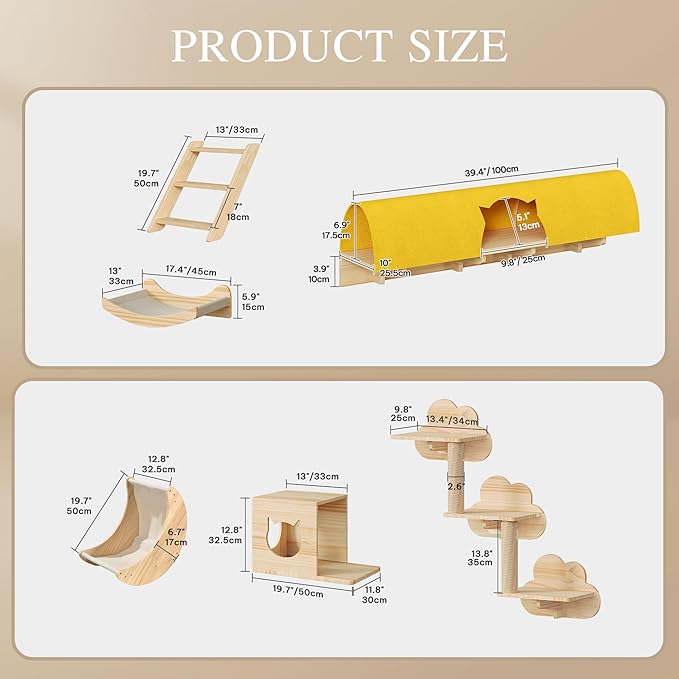 Cat Wall Shelves, 13-in-1 Solid Wood Wall-Mounted Cats Furniture Set with Scratching Post, Cat Climbing Wall Systems with 40''L Tunnel, Steps, Condos, House, Ladder, Cats Shelf Furniture