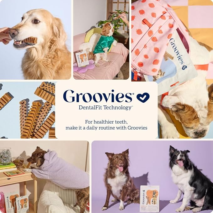 Groovies Flexible Dog Dental Chews with Patented DentalFit Technology to Help Support Tartar Control & Fresh Breath, Medium Dog Chews for 15-25 lb Dogs, USA Manufactured Oral Care, 20 Chews
