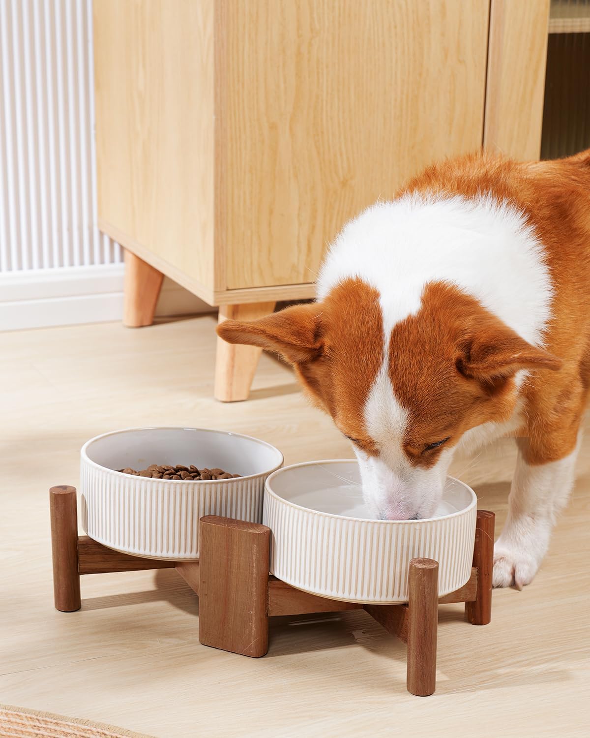 Getstar Ceramic Dog Bowls with Acacia Wood Stand, 30 fl oz, Set of 2, Dog Food Bowl, Cat Bowls (6.5 inches) (Vintage White)
