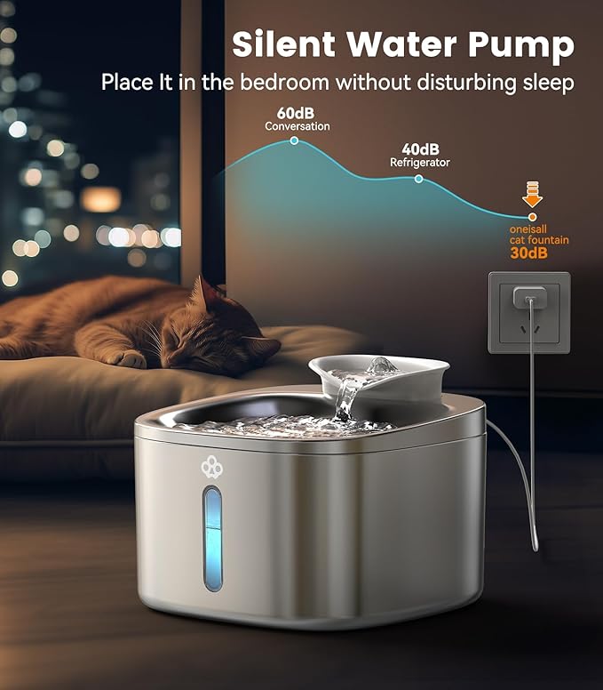 oneisall Stainless Steel Cat Water Fountain, 3.5L/118fl oz Automatic Pet Drinking Fountains for Cats Indoor, Quiet Running Cat Waterer Fountains(PW03 Cat Fountain +3 Sets Filters)