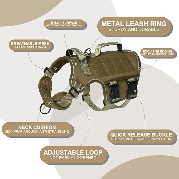 Dog Harness for Large Dogs Heavy Duty, No Pull Tactical Dog Harness with Molle System, Easy On and Off Service Dog Vest, Breathable Padded, Adjustable Reflective Pet Vest for Walking Hiking Training