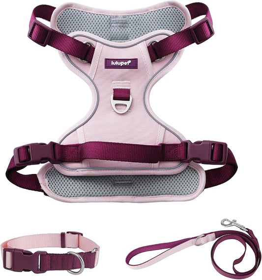 3 in 1 No Pull Dog Harness Leash and Collar Set, Soft Adjustable Dogs Vest Reflective and Comfortable Handle Pink Small