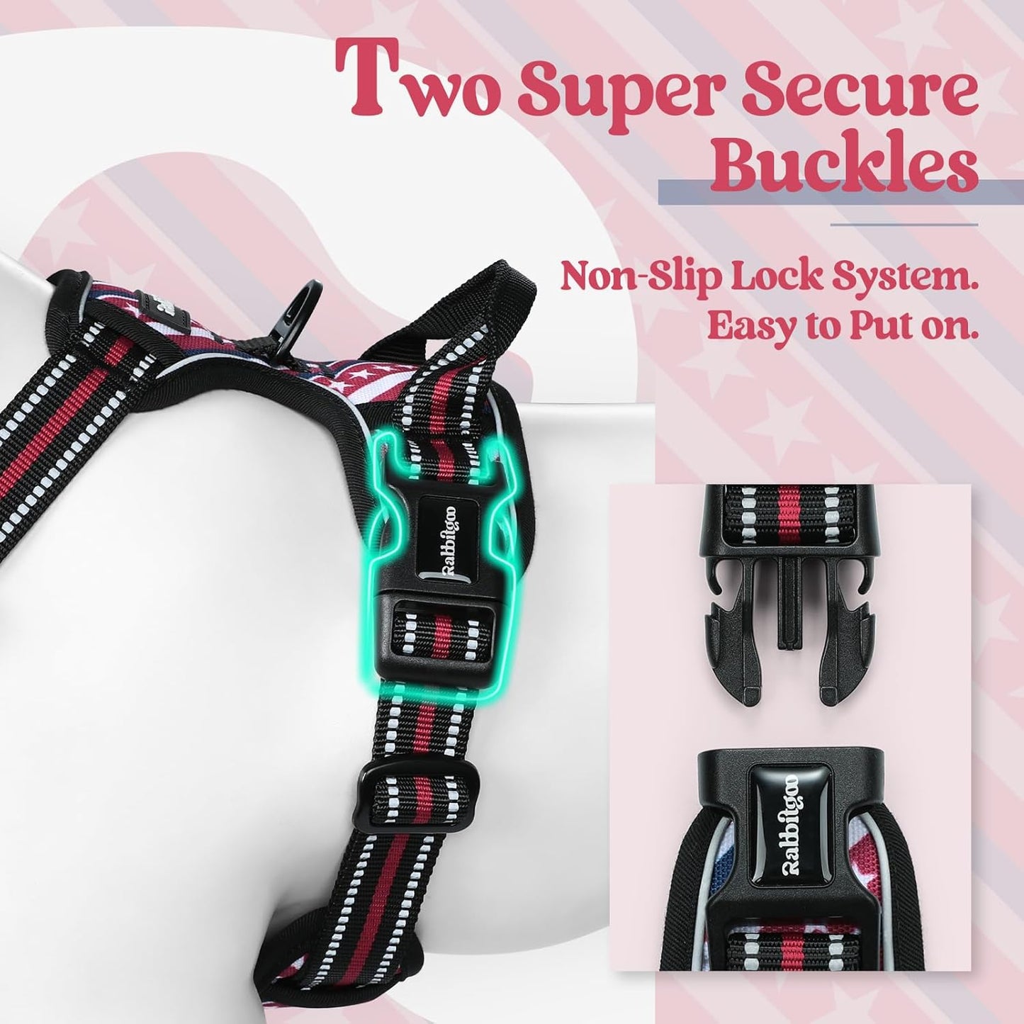 rabbitgoo Dog Harness No Pull with 2 Leash Clips, Adjustable Soft Padded, Reflective Oxford No Choke Pet Vest with Easy Control Handle for Large Dogs, Red Stripe, XL