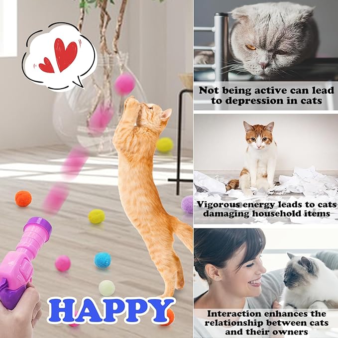 Andiker Plush Pom Pom Balls Set - Interactive Cat Toy (30pcs - Pink: 100balls, Launcher Set)
