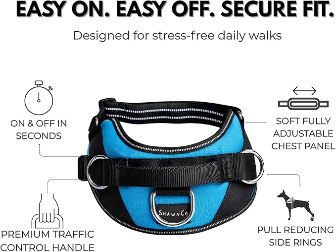 ShawnCo Essential Dog Harness, No-Pull Pet Vest with 3 Leash Clips, No Choke, Reflective, Adjustable and Padded, for Easy Walking and Training for Small, Medium and Large Dogs (Oceanic Blue, Medium)