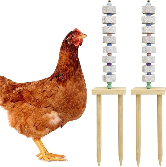 Hamiledyi Chicken Chewing Toy 2 Pack Chicken Coop Accessories with Calcium Stone & Wood Stake Enrichment Toys for Hens, Ducks, Geese, Cockatiel, Parakeet, Parrot, Budgie