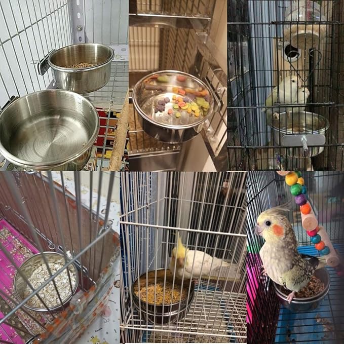 PINVNBY Stainless Steel Bowls for Birds,Parrot Feeding Dish Cups Parakeet Food Water Dishes with Clamp Holder Perches for Cockatiel Budgies Macaw Small Animal Chinchilla(5 Pack)