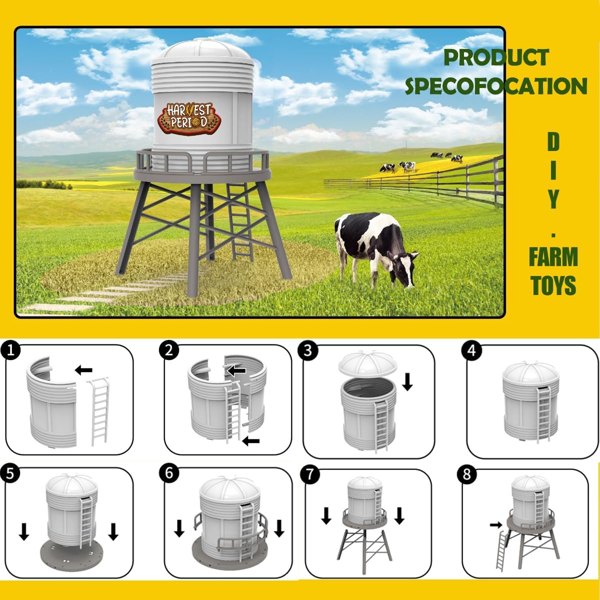Farm Animals Toys Set Barn Toy Combine Harvester Tractor with Trailer Horse Stable Grain Bins Horse Cow Farmer Figures Fence Playset for Kids Toddlers Boy Girl 3-7 Years Old