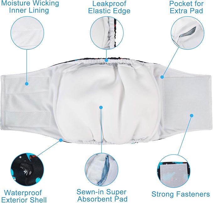 CuteBone Dog Diapers Male Washable Belly Band for Male Dogs Wraps Black 3pcs a Pack DM56M
